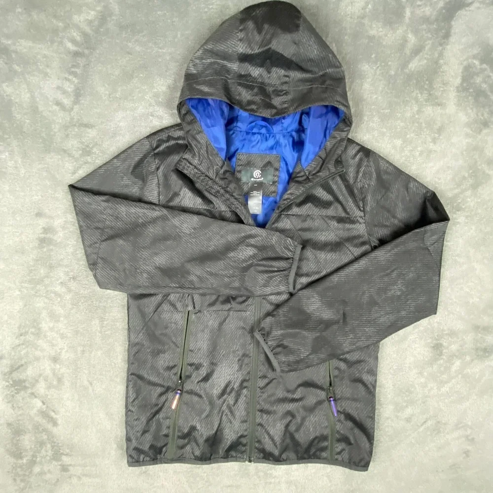 Champion Kids L (12-14) Windbreaker Jacket Black Patterned‎ Hooded Full Zip